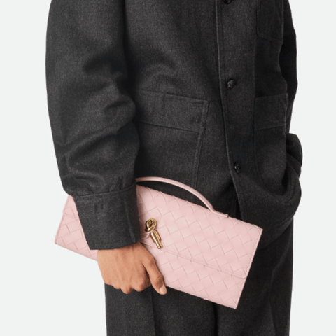 Bottega Veneta Andiamo Clutch Rose Pink Leather with Knotted Strap Feminine Italian Elegance - BEAUTY BAR