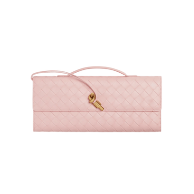 Bottega Veneta Andiamo Clutch Rose Pink Leather with Knotted Strap Feminine Italian Elegance