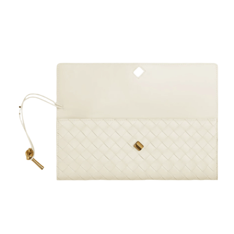 Bottega Veneta Andiamo Clutch Sea Salt Intrecciato Leather Modern Minimalism in Motion - BEAUTY BAR