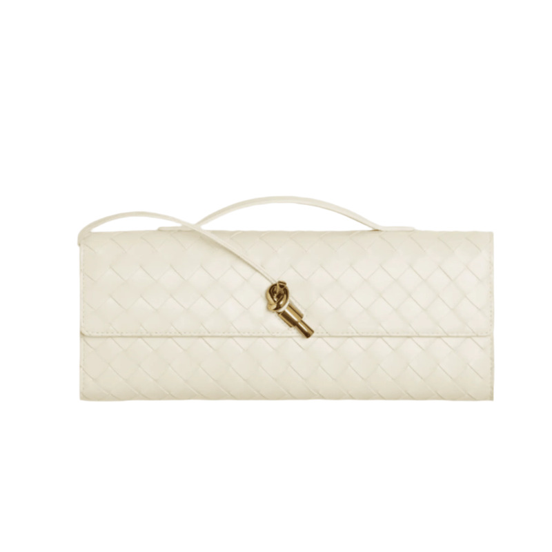 Bottega Veneta Andiamo Clutch Sea Salt Intrecciato Leather Modern Minimalism in Motion