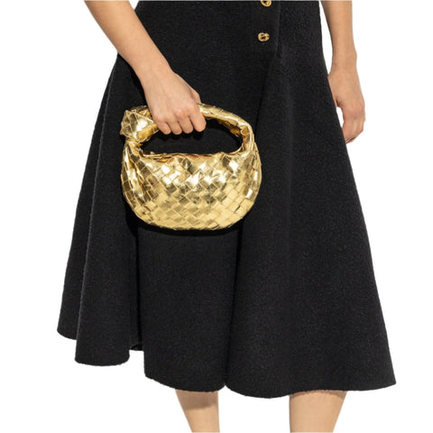 Bottega Veneta Mini Jodie Metallic Gold Leather Bag with Signature Knot Iconic Italian Luxury - BEAUTY BAR