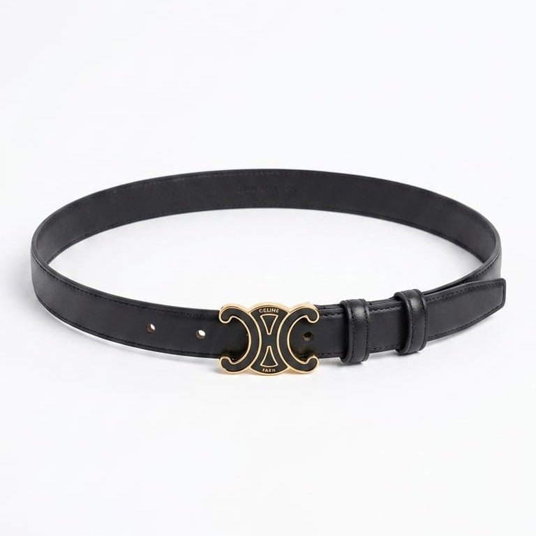 Celine Black Belt With Black And Gold Triomphe Logo