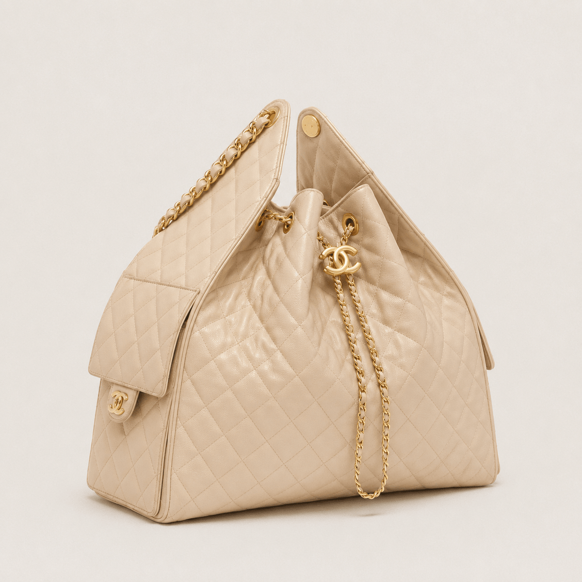 Chanel 25 Large Handbag Gold-Tone Metal Beige 3