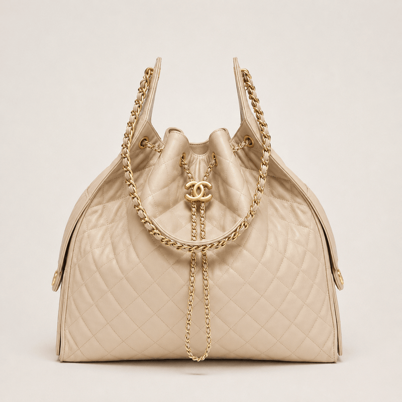 Chanel 25 Large Handbag Gold-Tone Metal Beige