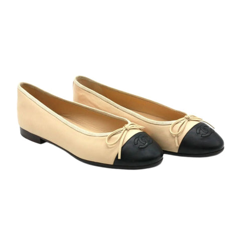 Chanel Beige/Black Leather CC Bow Cap Toe Ballet Flats - BEAUTY BAR