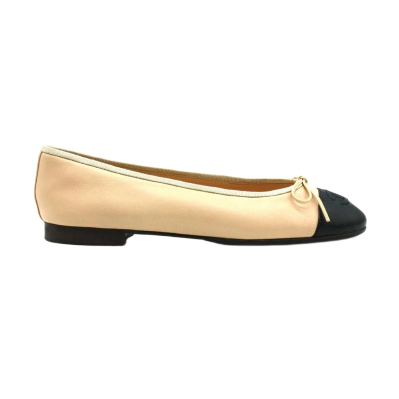 Chanel Beige/Black Leather CC Bow Cap Toe Ballet Flats 3