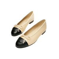 Chanel Beige/Black Leather CC Bow Cap Toe Ballet Flats
