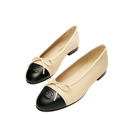 Chanel Beige/Black Leather CC Bow Cap Toe Ballet Flats - BEAUTY BAR