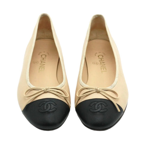 Chanel Beige/Black Leather CC Bow Cap Toe Ballet Flats - BEAUTY BAR