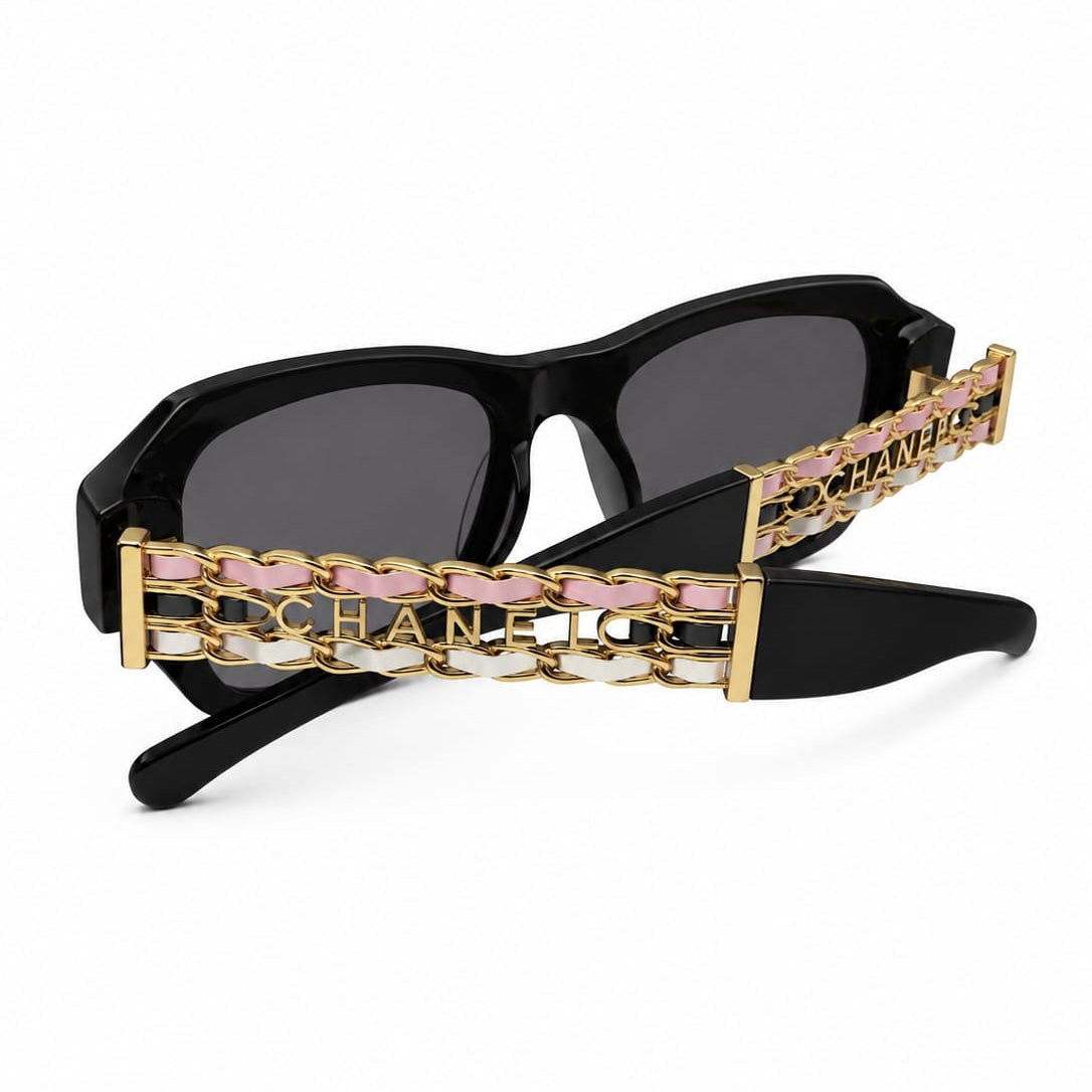 Chanel Black Acetate Sunglasses With Bink and White Chain Logo Detail 3