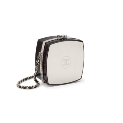 Chanel Black Patent Leather and Silver Mirror Minaudière Silver Hardware - BEAUTY BAR