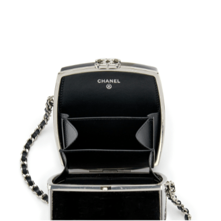 Chanel Black Patent Leather and Silver Mirror Minaudière Silver Hardware - BEAUTY BAR