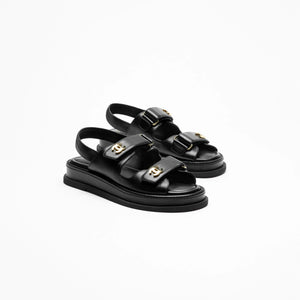Chanel Black Sandals With Gold-Tone Metal CC Logo