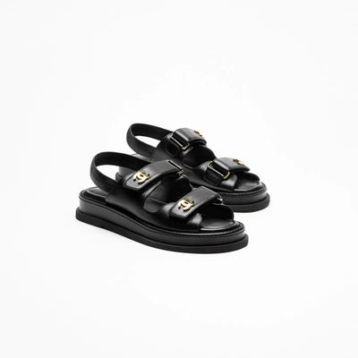 Chanel Black Sandals With Gold-Tone Metal CC Logo