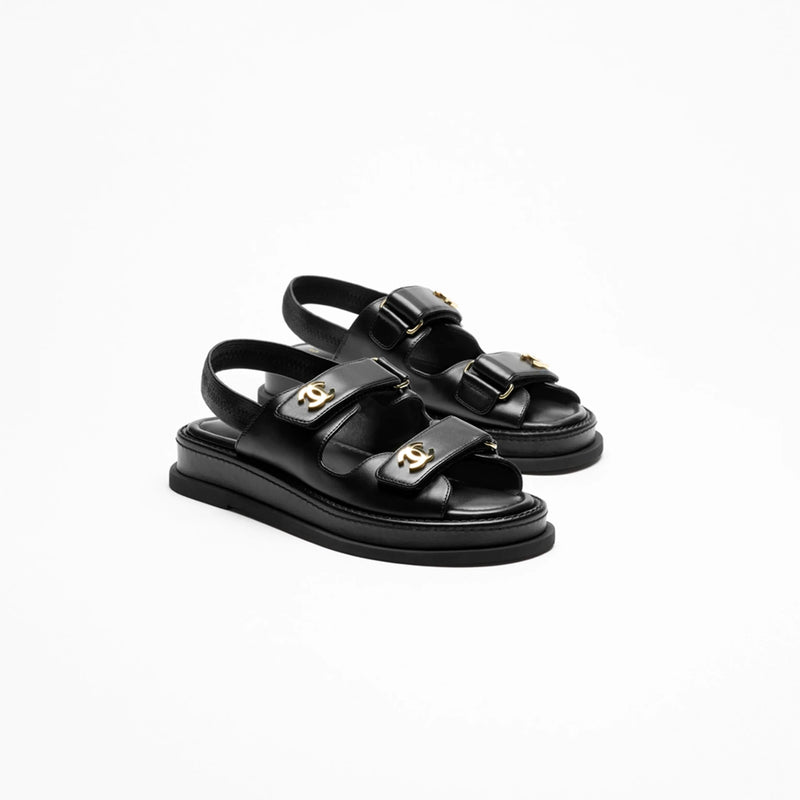 Chanel Black Sandals With Gold-Tone Metal CC Logo