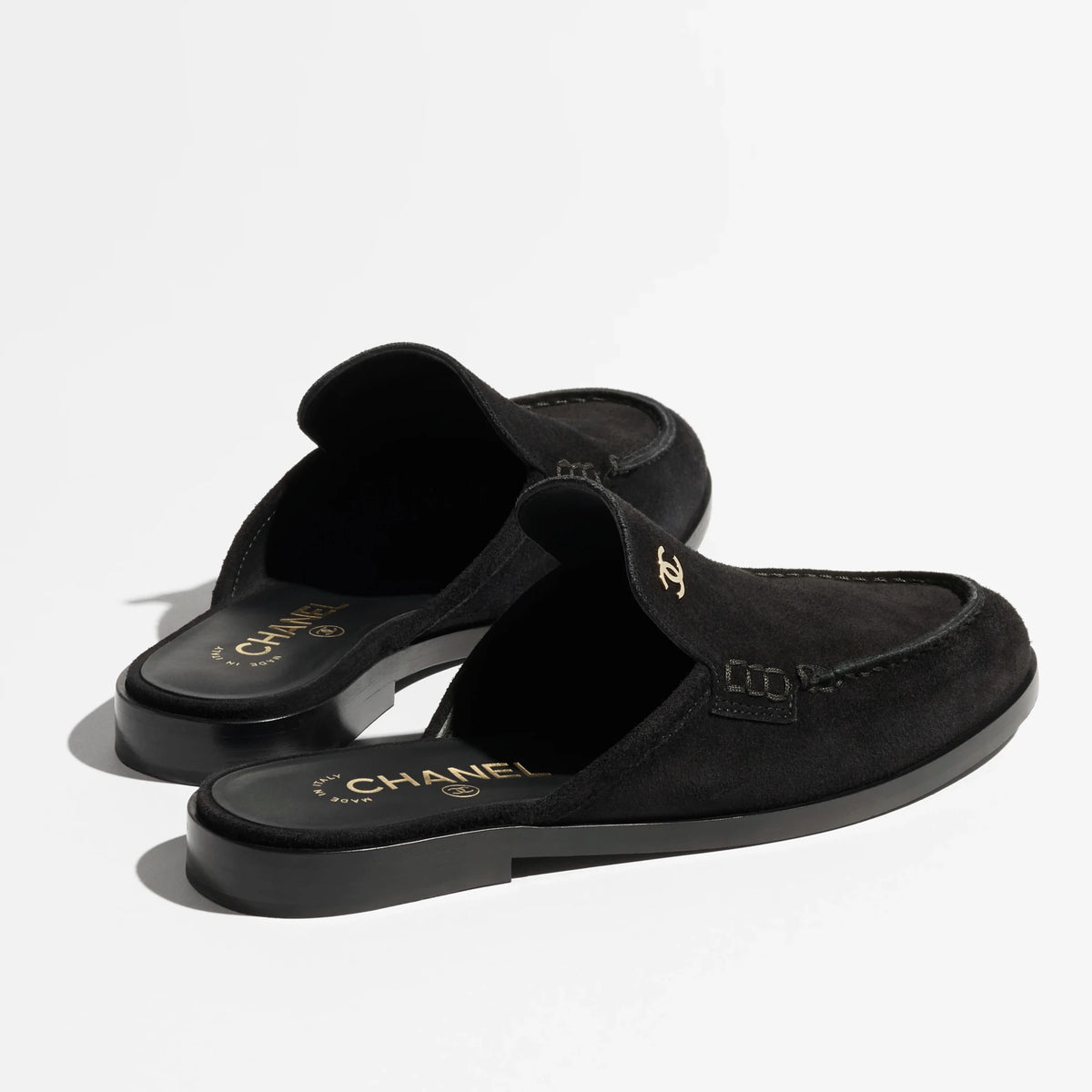 Chanel Black Suede Loafer Mules With Gold CC Logo 2
