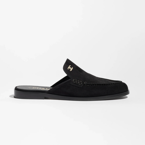 Chanel Black Suede Loafer Mules With Gold CC Logo - BEAUTY BAR
