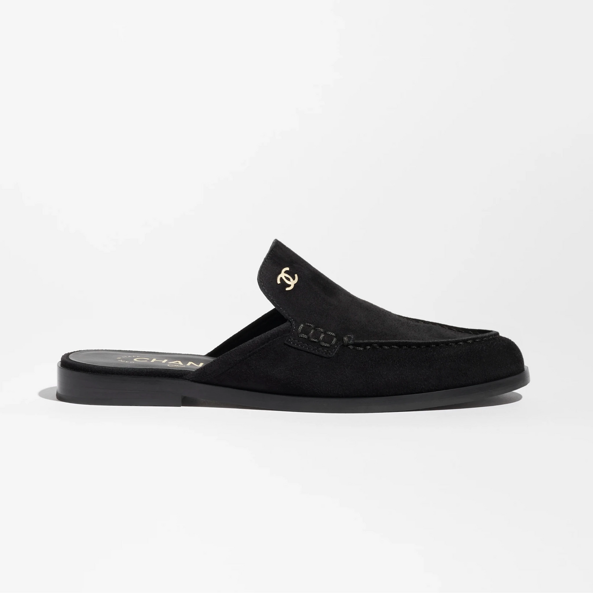 Chanel Black Suede Loafer Mules With Gold CC Logo 1