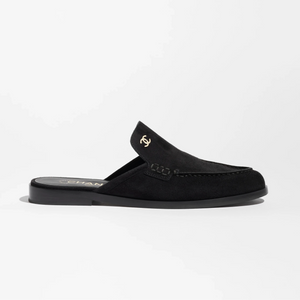 Chanel Black Suede Loafer Mules With Gold CC Logo