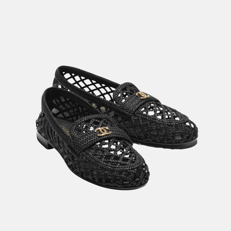 Chanel Black Woven Braided Leather Loafers With Gold Hardware