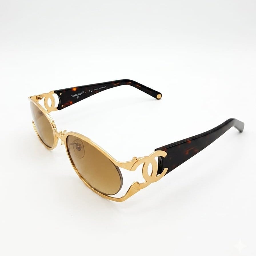 Chanel Luxury Gold-Tone Oval Frame Sunglasses 2