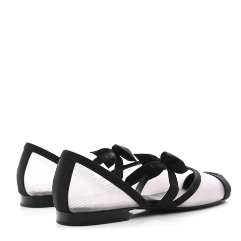 Chanel Mesh Grosgrain Mary Janes Flat White Black - BEAUTY BAR