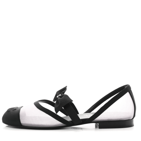 Chanel Mesh Grosgrain Mary Janes Flat White Black - BEAUTY BAR