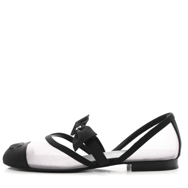 Chanel Mesh Grosgrain Mary Janes Flat White Black 2