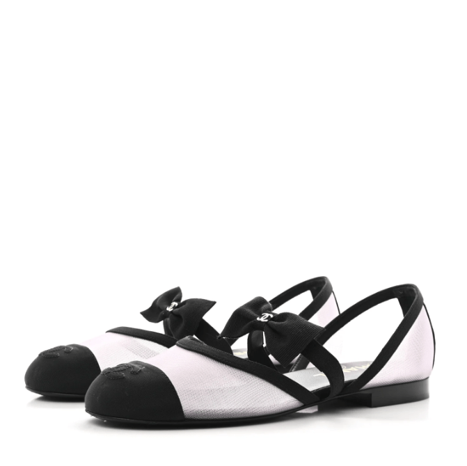 Chanel Mesh Grosgrain Mary Janes Flat White Black 1