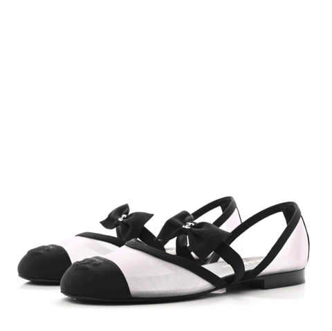Chanel Mesh Grosgrain Mary Janes Flat White Black - BEAUTY BAR