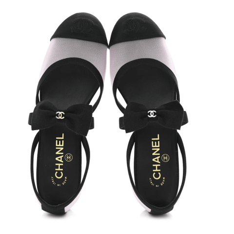 Chanel Mesh Grosgrain Mary Janes Flat White Black - BEAUTY BAR