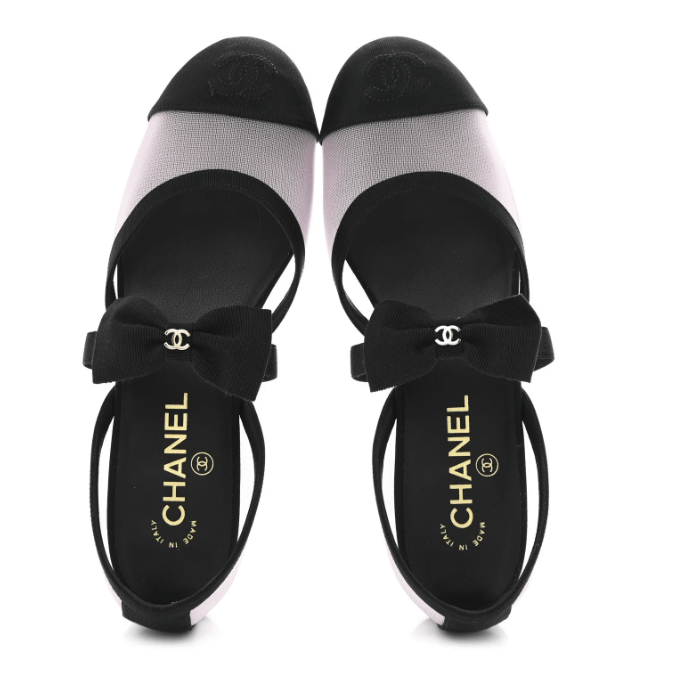 Chanel Mesh Grosgrain Mary Janes Flat White Black 4