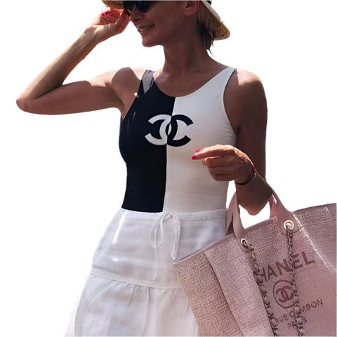 Chanel One - Piece Swimsuit in Black And White - BEAUTY BAR