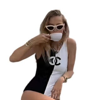 Chanel One - Piece Swimsuit in Black And White - BEAUTY BAR