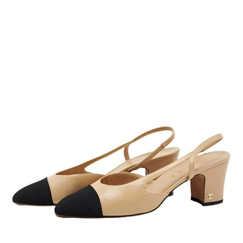 Chanel Slingback Beige And Black Heels - BEAUTY BAR