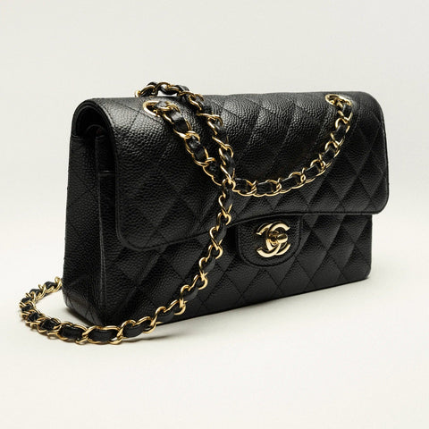 Chanel Small Classic Handbag Grained Calfskin & Gold - Tone Metal Black - BEAUTY BAR