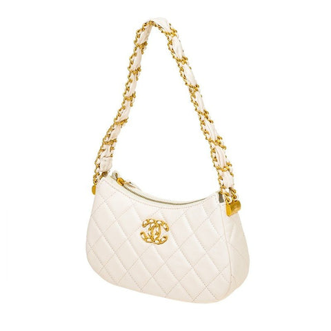 Chanel White Small Handbag With Chain Shiny Wrinkled Leather And Gold - Tone Metal - BEAUTY BAR