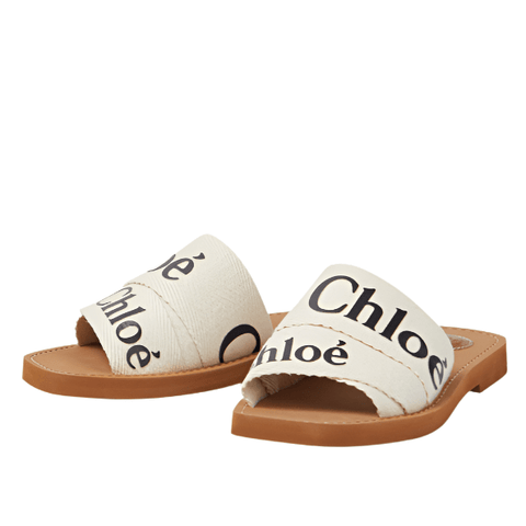 Chloe Off White Logo Print Canvas Woody Flat Slides - BEAUTY BAR