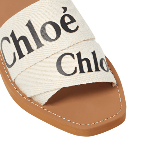 Chloe Off White Logo Print Canvas Woody Flat Slides - BEAUTY BAR