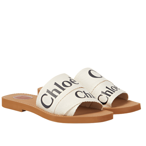 Chloe Off White Logo Print Canvas Woody Flat Slides - BEAUTY BAR
