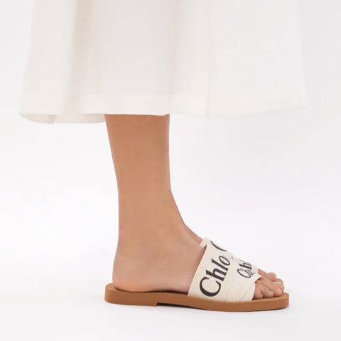 Chloe Off White Logo Print Canvas Woody Flat Slides - BEAUTY BAR