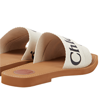Chloe Off White Logo Print Canvas Woody Flat Slides - BEAUTY BAR