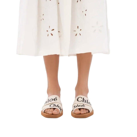 Chloe Off White Logo Print Canvas Woody Flat Slides - BEAUTY BAR