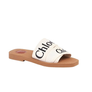 Chloe Off White Logo Print Canvas Woody Flat Slides
