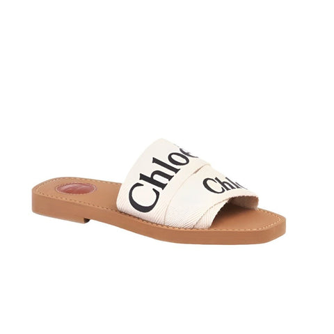 Chloe Off White Logo Print Canvas Woody Flat Slides - BEAUTY BAR