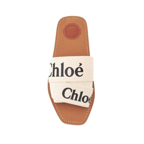 Chloe Off White Logo Print Canvas Woody Flat Slides - BEAUTY BAR