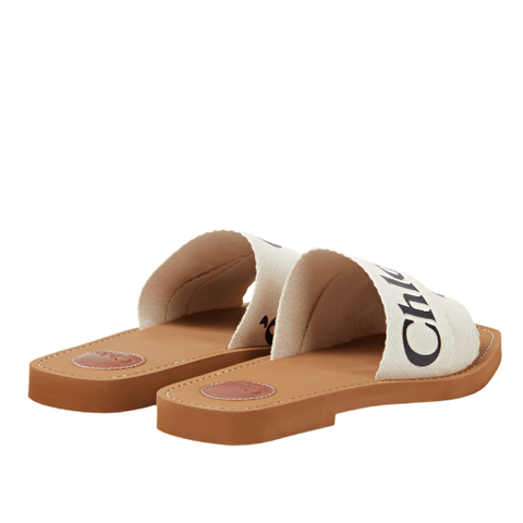 Chloe Off White Logo Print Canvas Woody Flat Slides - BEAUTY BAR