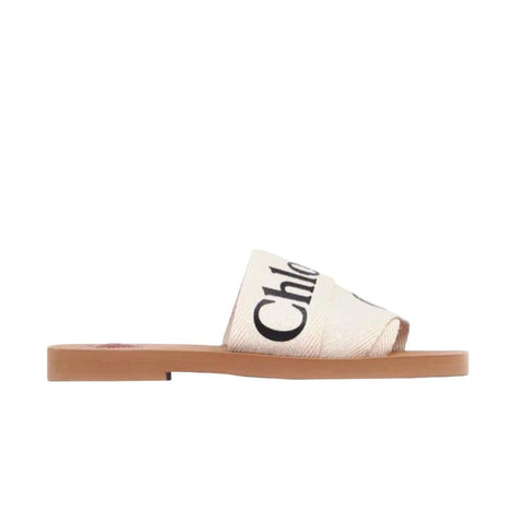 Chloe Off White Logo Print Canvas Woody Flat Slides - BEAUTY BAR