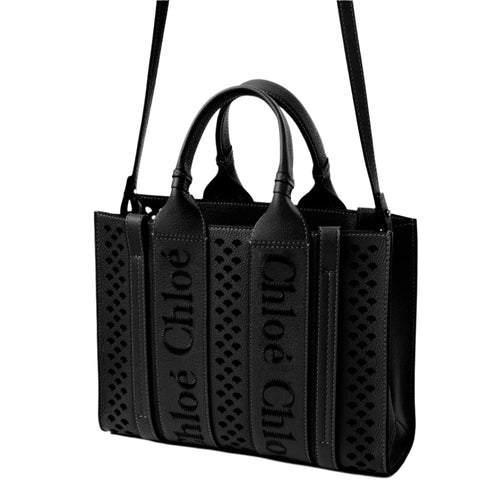 Chloé Woody Tote Black Bag In Perforated Leather - BEAUTY BAR