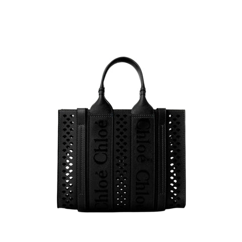 Chloé Woody Tote Black Bag In Perforated Leather - BEAUTY BAR